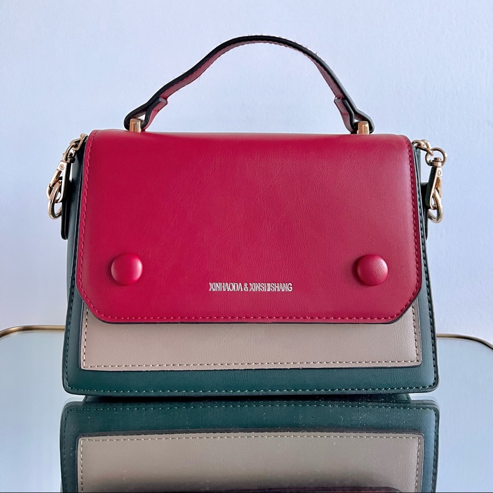 Red, Beige & Green Colorblock Two Way Crossbody Bag